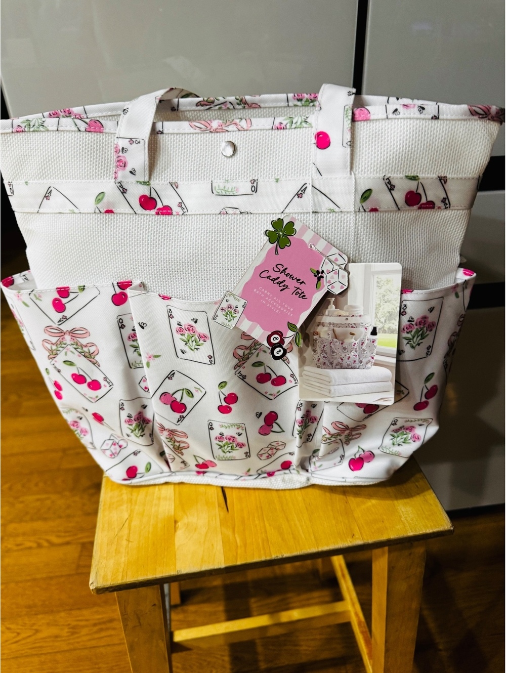 NWT Maison Cherie Mesh Shower Caddy Bath Tote – Playing Cards & Cherries Print
